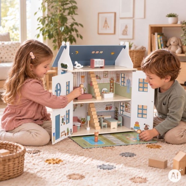 Domek dla lalek LILY ECOTOYS trzypiętrowy z mebelkami figurkami rodziny i ogrodem z basenem