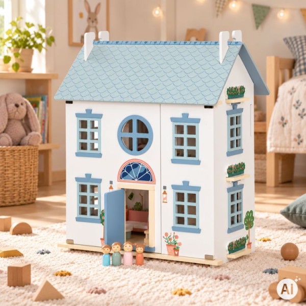 Domek dla lalek LILY ECOTOYS trzypiętrowy z mebelkami figurkami rodziny i ogrodem z basenem