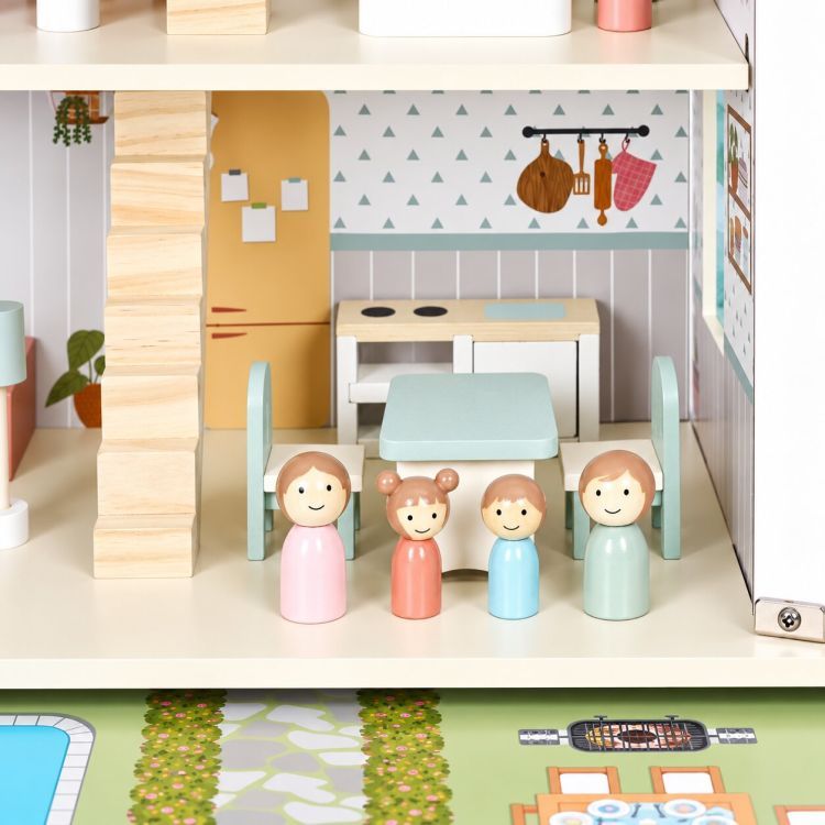 Domek dla lalek LILY ECOTOYS trzypiętrowy z mebelkami figurkami rodziny i ogrodem z basenem