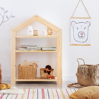 Drewniany regał dziecięcy w kształcie domku z naturalnego drewna sosnowego Adeko