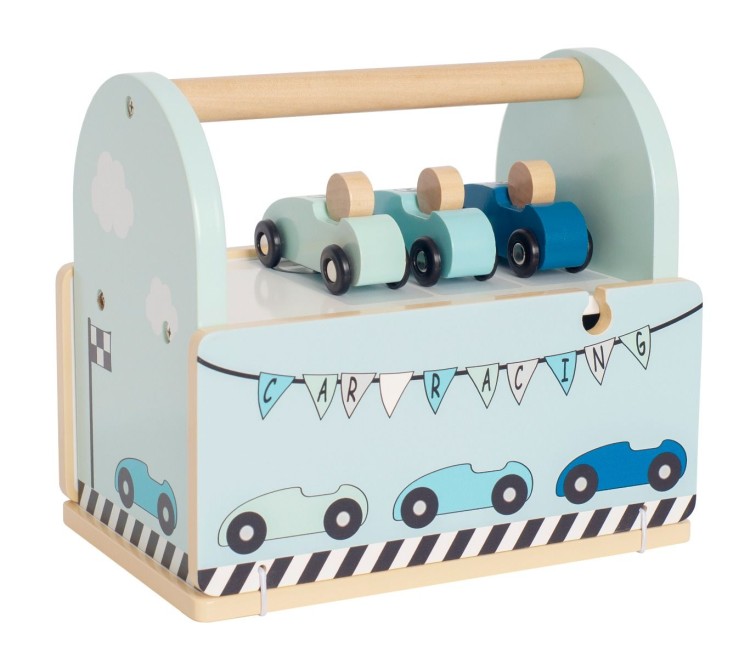 drewniany tor wyścigowy Jabadabado z niebieskimi autkami