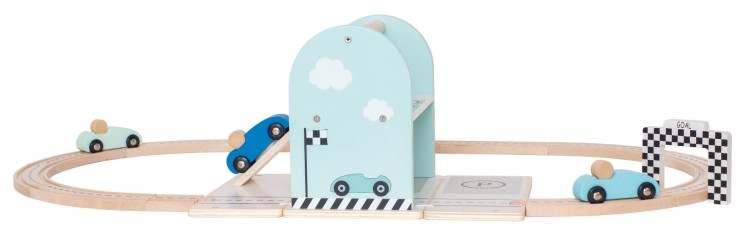 drewniany tor wyścigowy Jabadabado z niebieskimi autkami