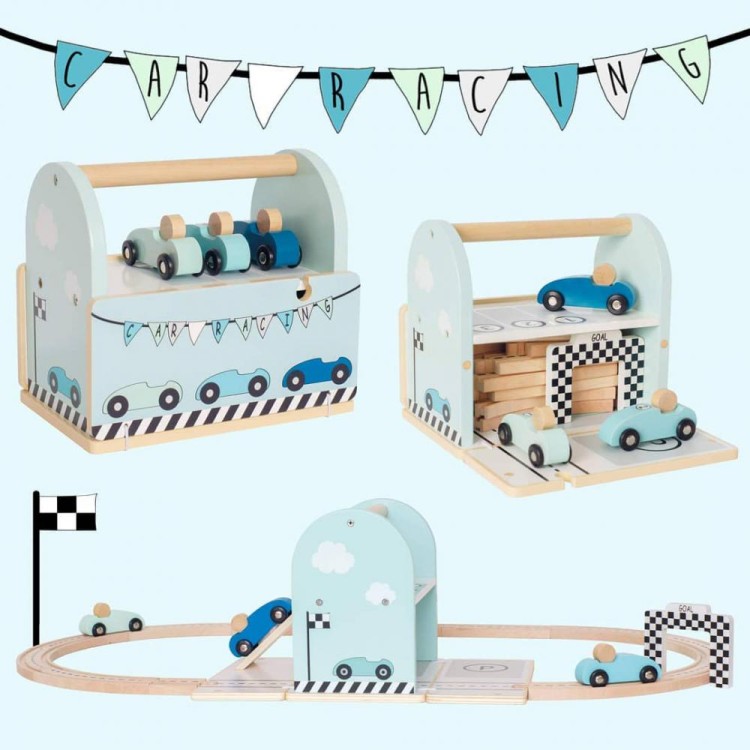 drewniany tor wyścigowy Jabadabado z niebieskimi autkami