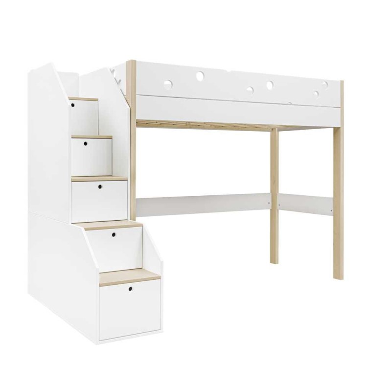 Drewniane łóżko wysokie ze schodami dla dzieci Funflex - białe