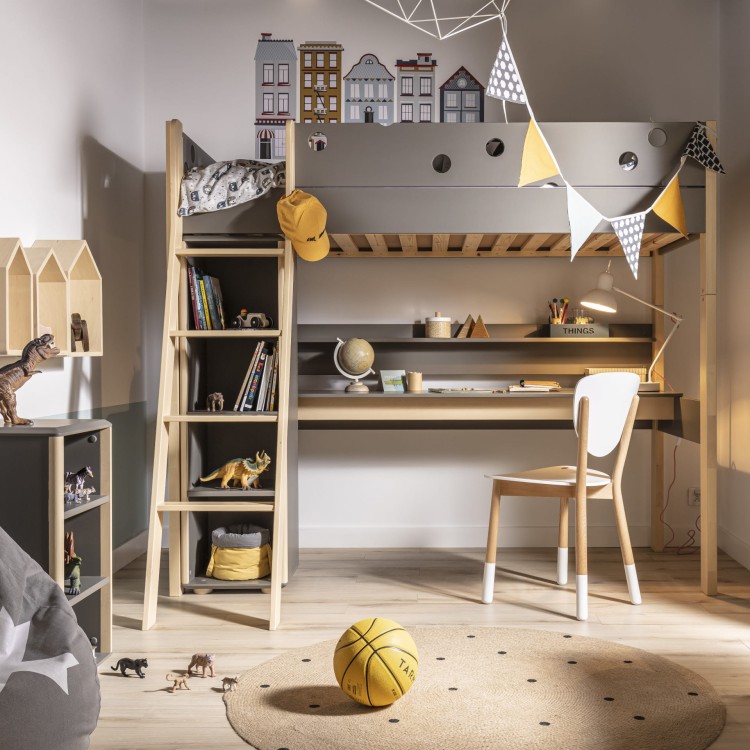 Drewniane łóżko wysokie z biurkiem i półką dla dzieci Funflex