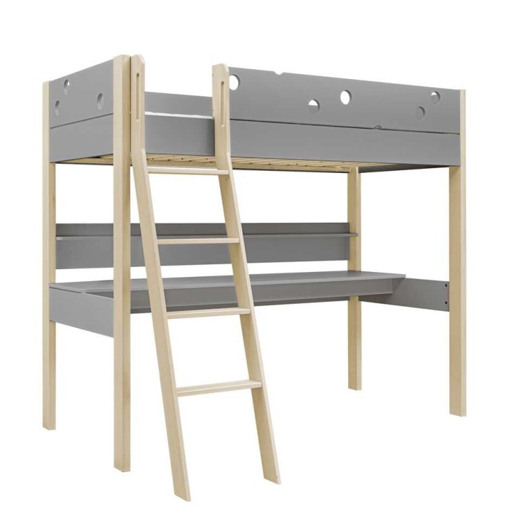 Drewniane łóżko wysokie z biurkiem i półką dla dzieci Funflex - szare