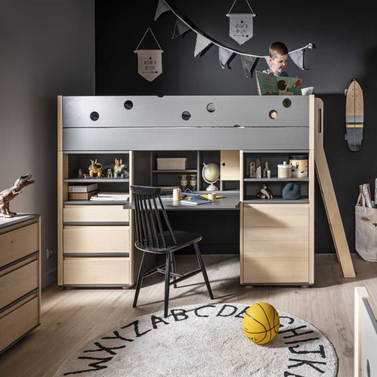Drewniane łóżko podniesione z biurkiem i szufladami dla dzieci Funflex