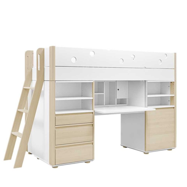 Drewniane łóżko podniesione z biurkiem i szufladami dla dzieci Funflex - białe