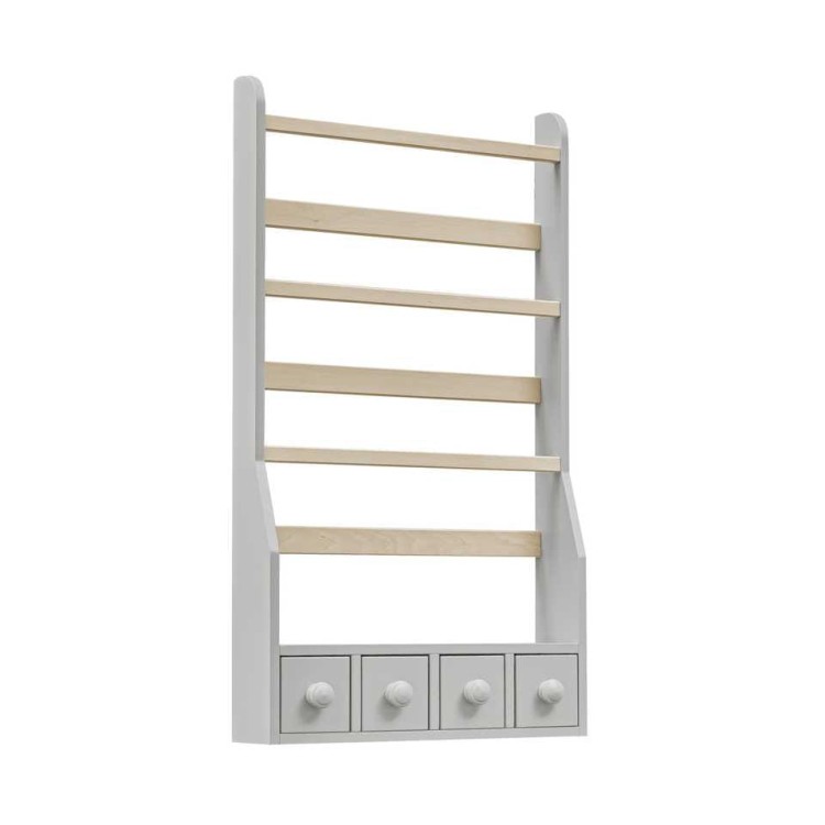 Wisząca półka na książki dla dzieci z szufladkami z drewna brzozowego szara