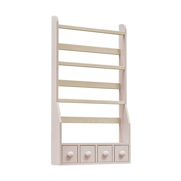 Wisząca półka na książki dla dzieci z szufladkami z drewna brzozowego różowa