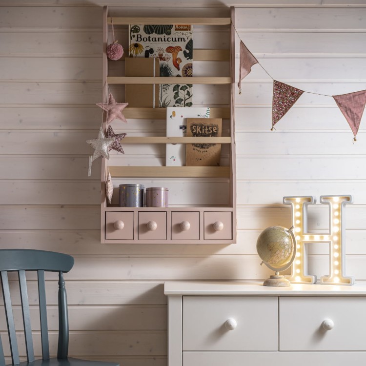 Wisząca półka na książki dla dzieci z szufladkami z drewna brzozowego