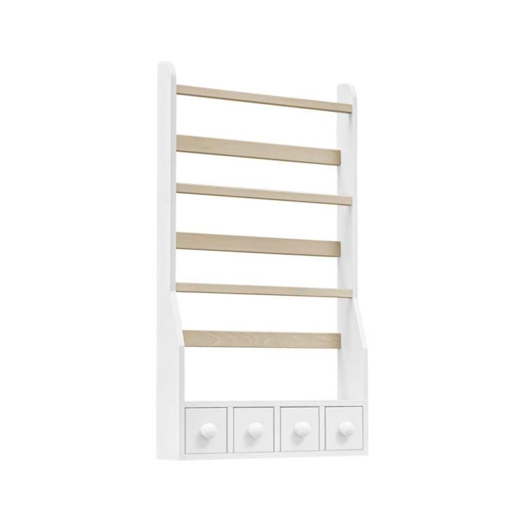 Wisząca półka na książki dla dzieci z szufladkami z drewna brzozowego biała