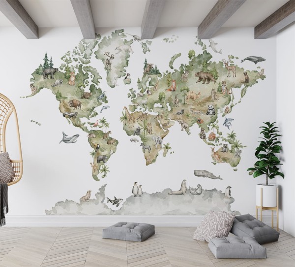 Tapeta do pokoju dziecka z mapą świata i zwierzętami – kolorowa dekoracja edukacyjna na ścianę