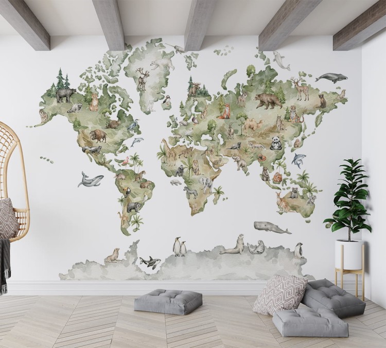 Tapeta do pokoju dziecka z mapą świata i zwierzętami – kolorowa dekoracja edukacyjna na ścianę