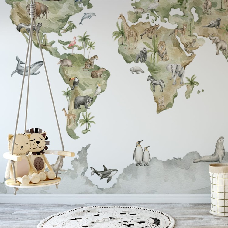 Tapeta do pokoju dziecka z mapą świata i zwierzętami – kolorowa dekoracja edukacyjna na ścianę