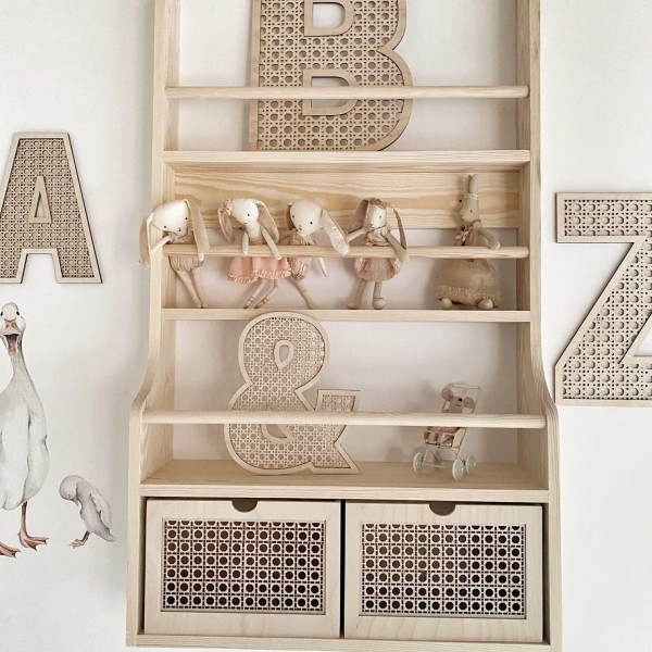 drewniana biblioteczka dziecięca skandynawska półka na książki dla dziecka z szufladkami